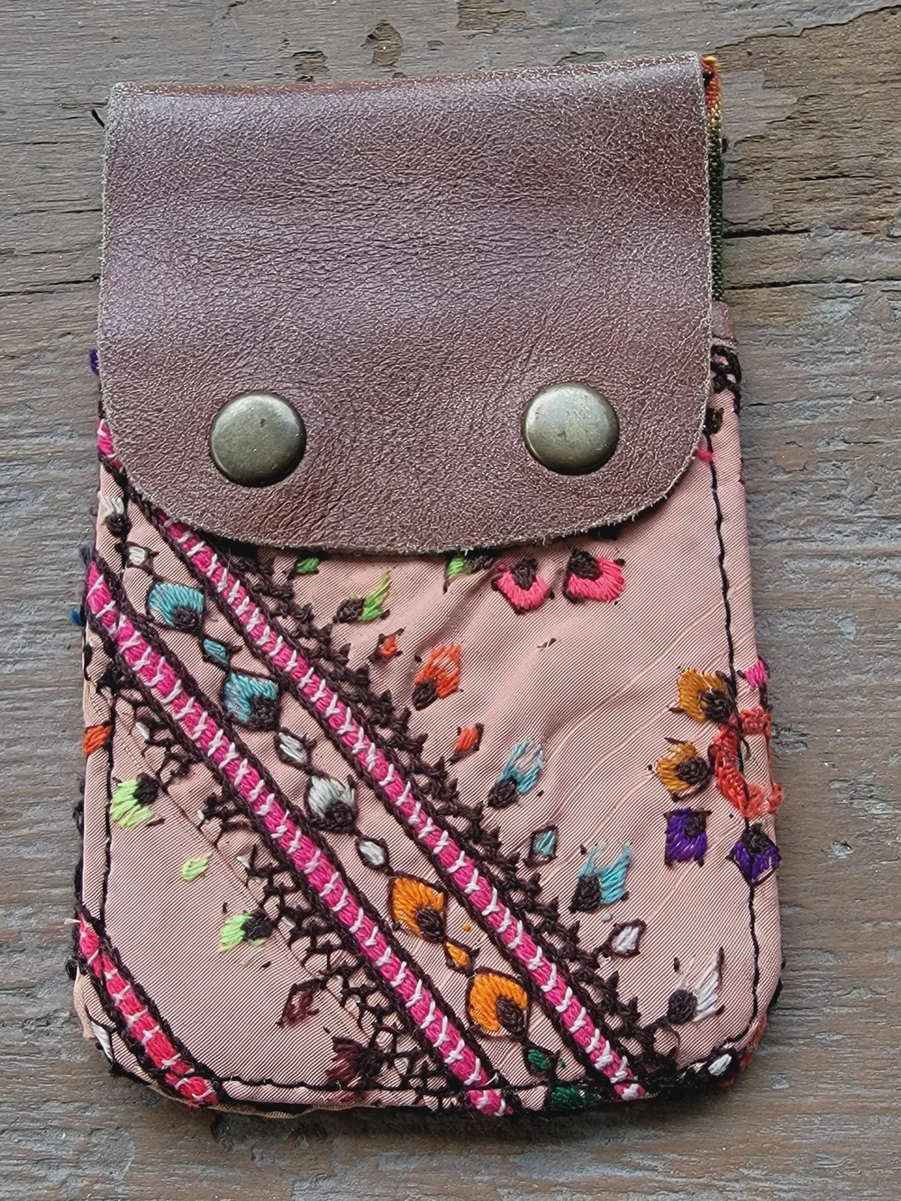 Free People embroidered banjara boho repurposed vtg leather wallet card case